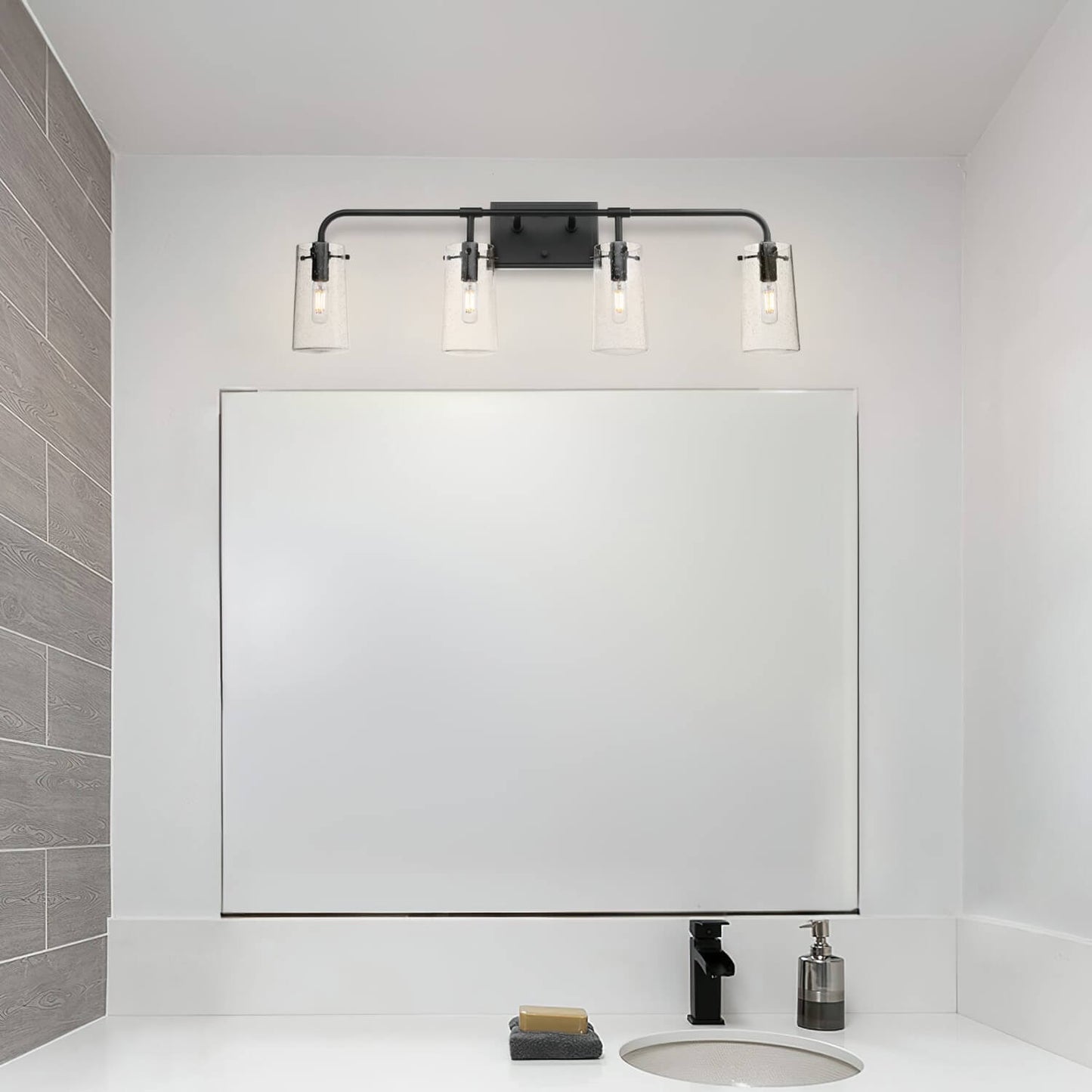 Industrial 4-Light Black Vanity Light with Seeded Glass XB-W1283-4-MB