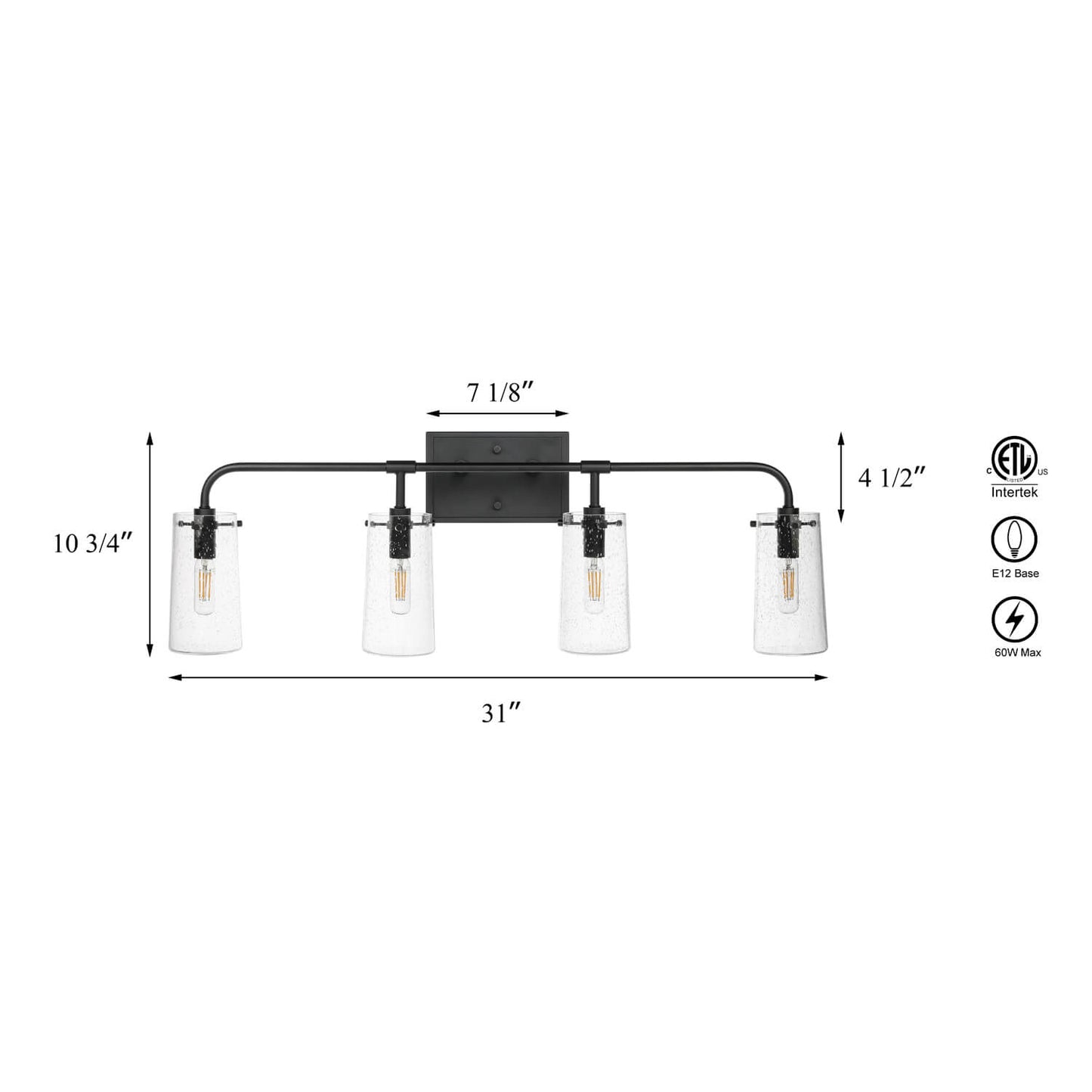 Industrial 4-Light Black Vanity Light with Seeded Glass XB-W1283-4-MB