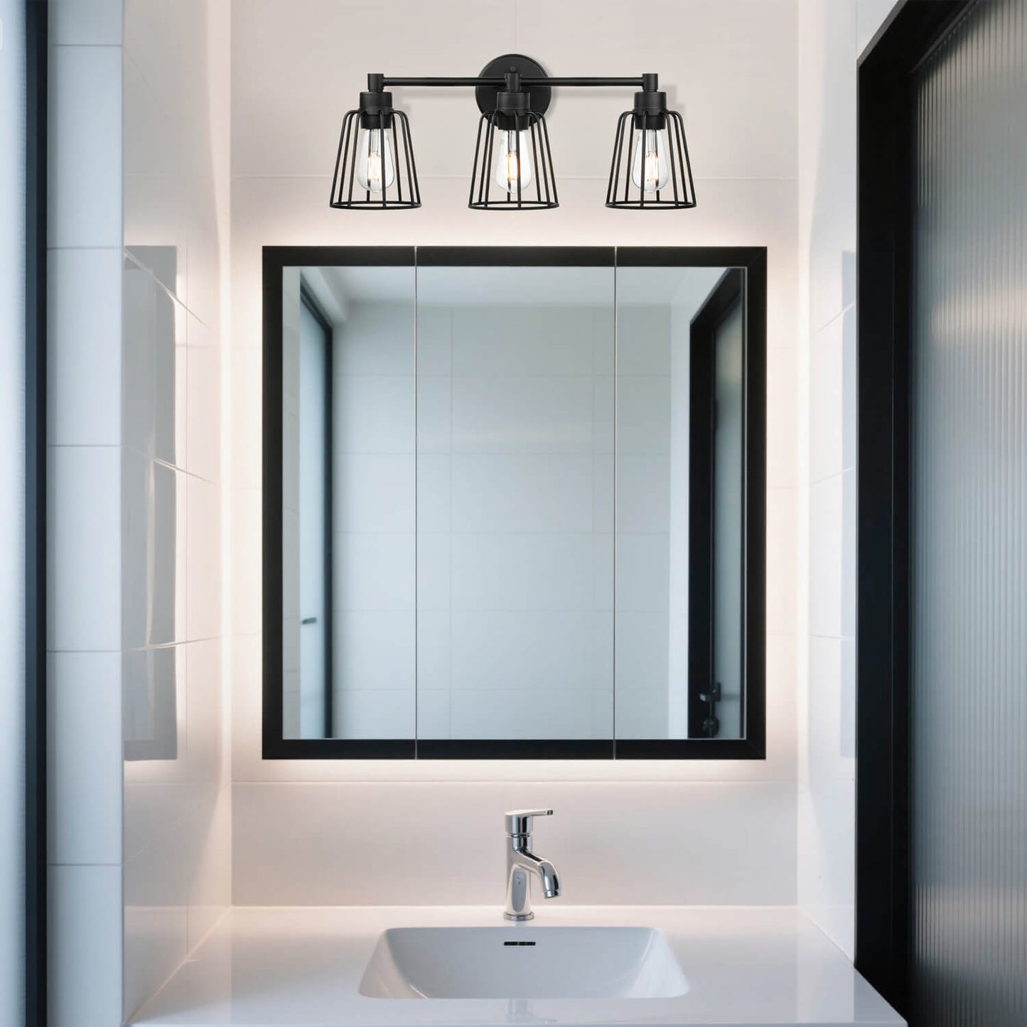 Black Farmhouse Cage Vanity Light XB-W1287-3-MB
