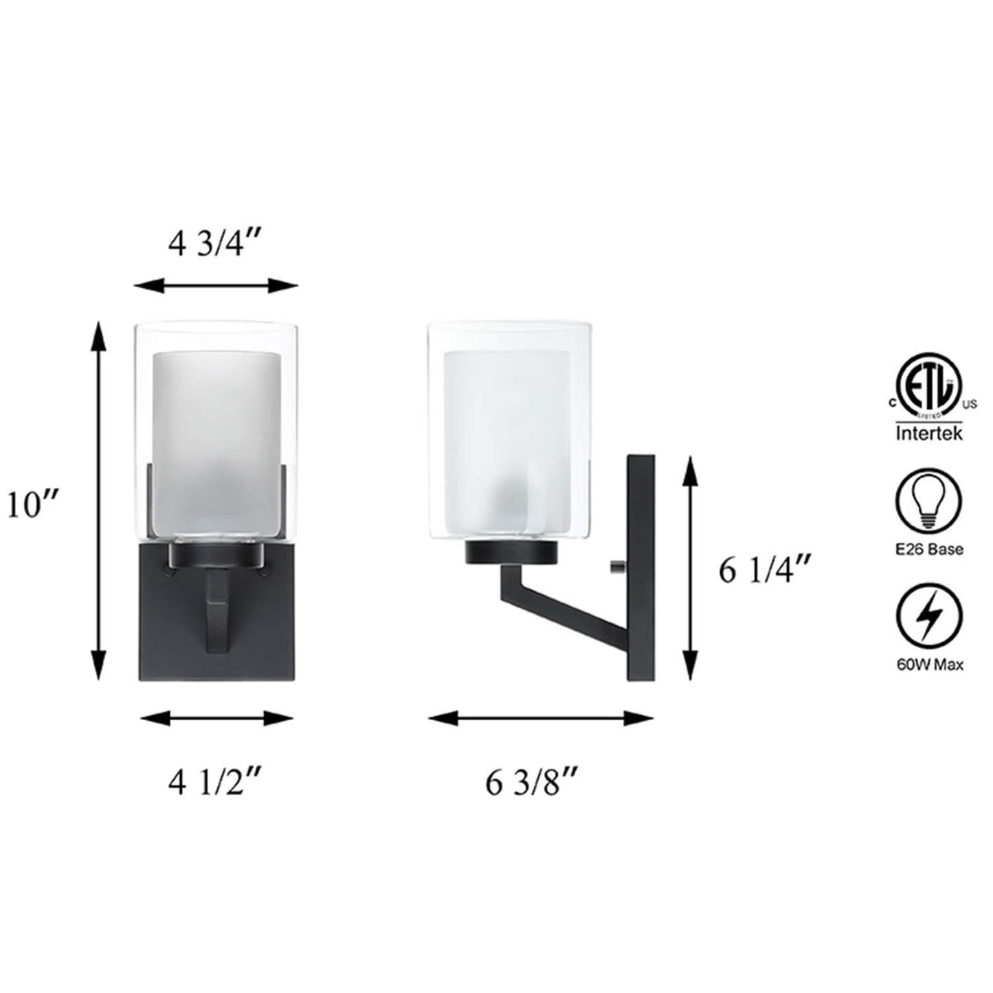Black 1-Light Bathroom Wall Sconce with Dual Glass XB-W1294-1-MB
