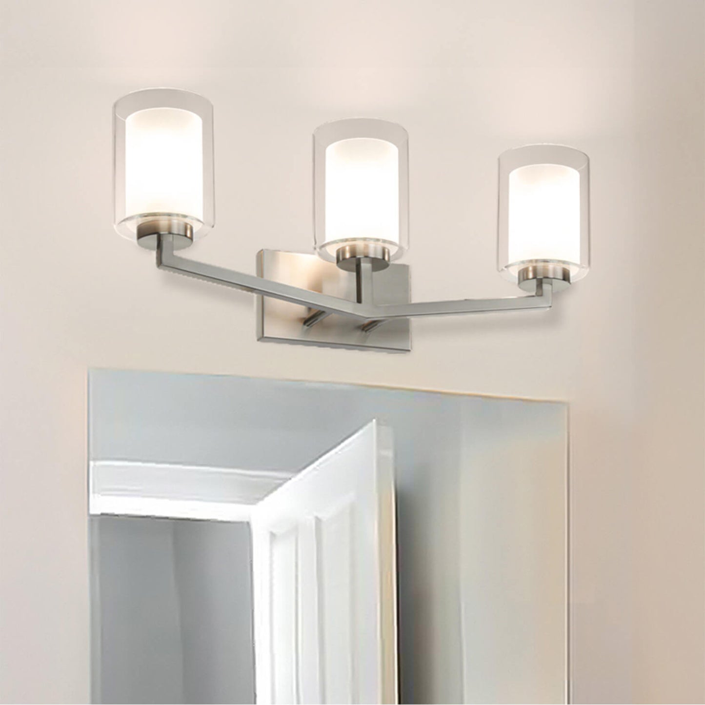 Brushed Nickel 3-Light Vanity Sconce with Dual Glass Shade XB-W1294-3-BN