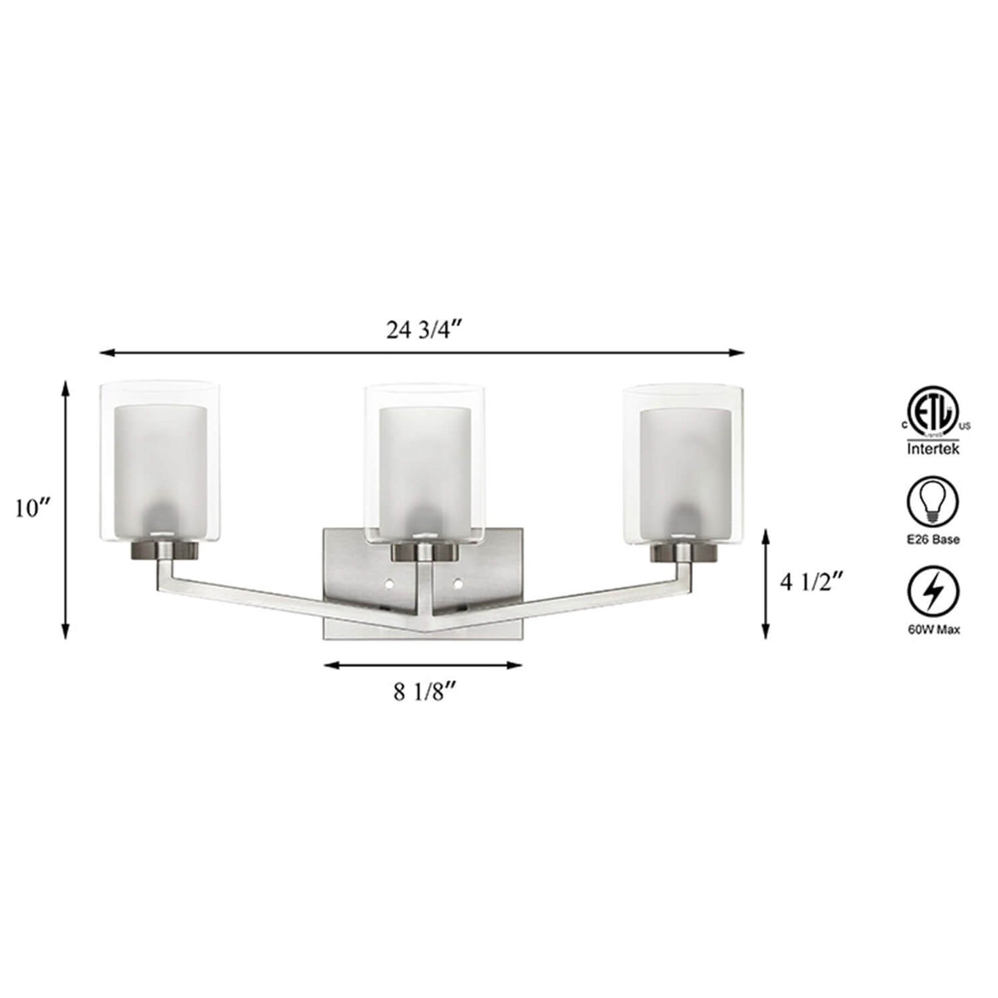 Brushed Nickel 3-Light Vanity Sconce with Dual Glass Shade XB-W1294-3-BN