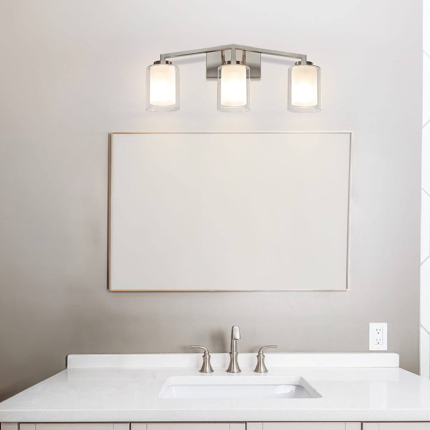 Brushed Nickel 3-Light Vanity Sconce with Dual Glass Shade XB-W1294-3-BN