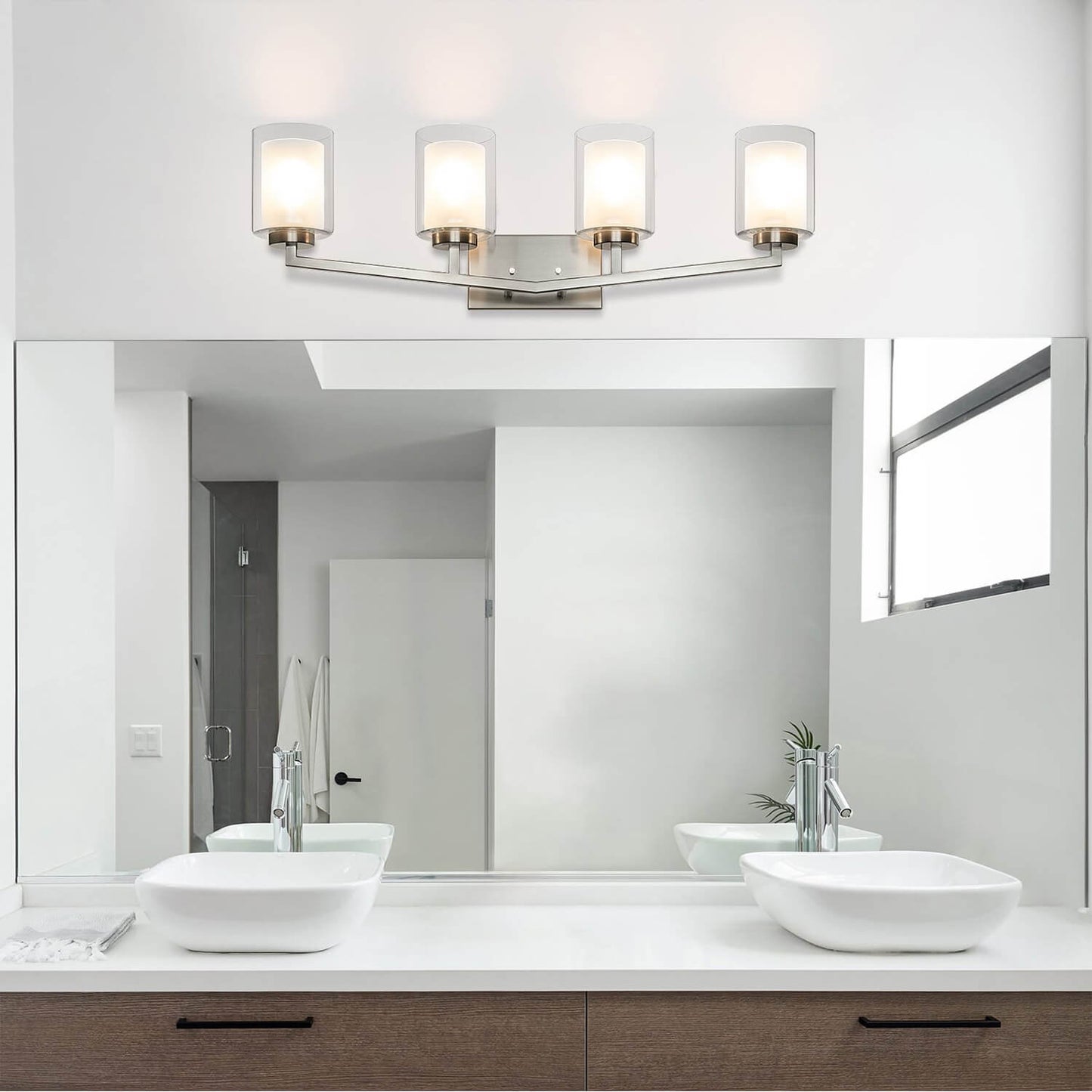 Brushed Nickel 4-Light Bathroom Vanity Light with Dual Glass XB-W1294-4-BN