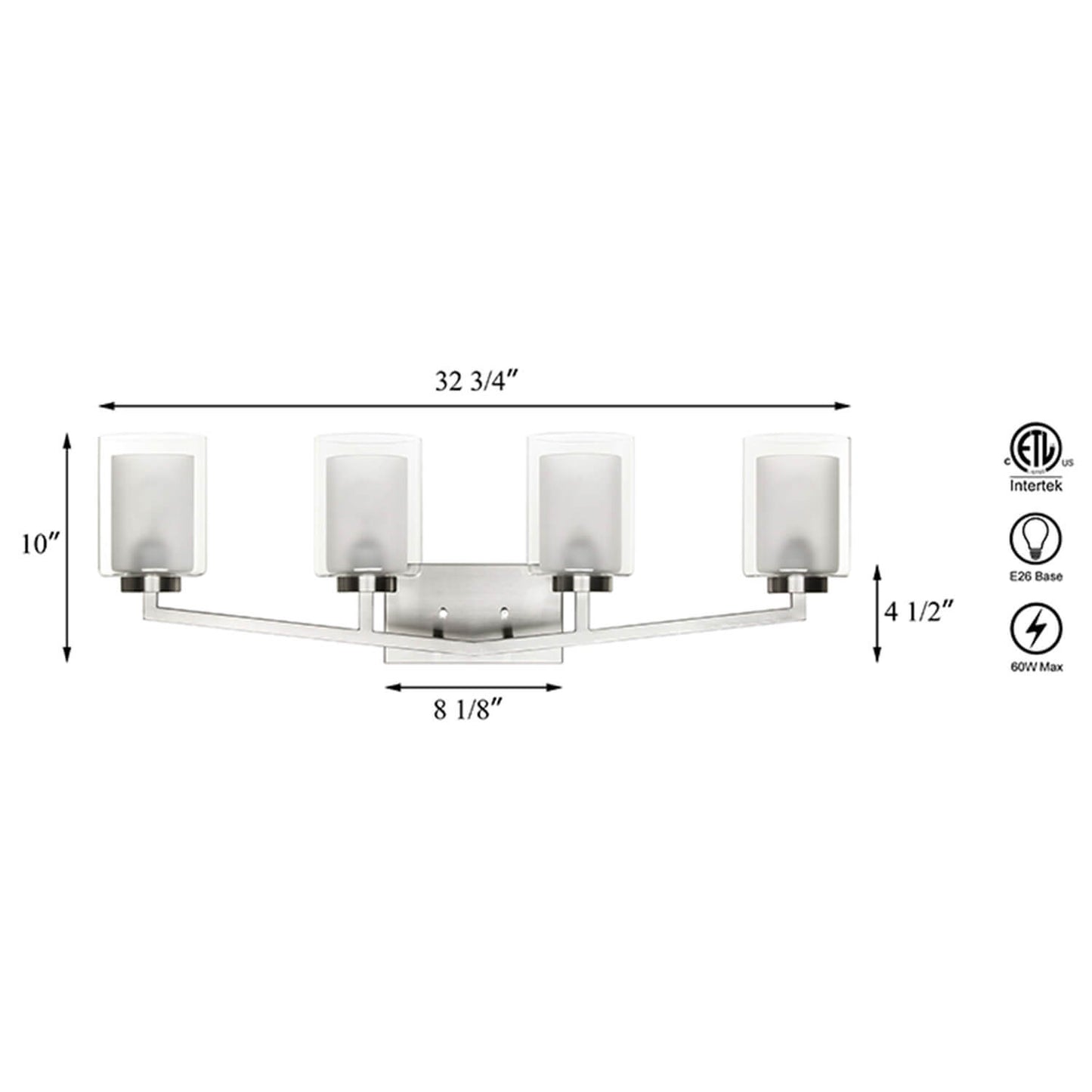 Brushed Nickel 4-Light Bathroom Vanity Light with Dual Glass XB-W1294-4-BN
