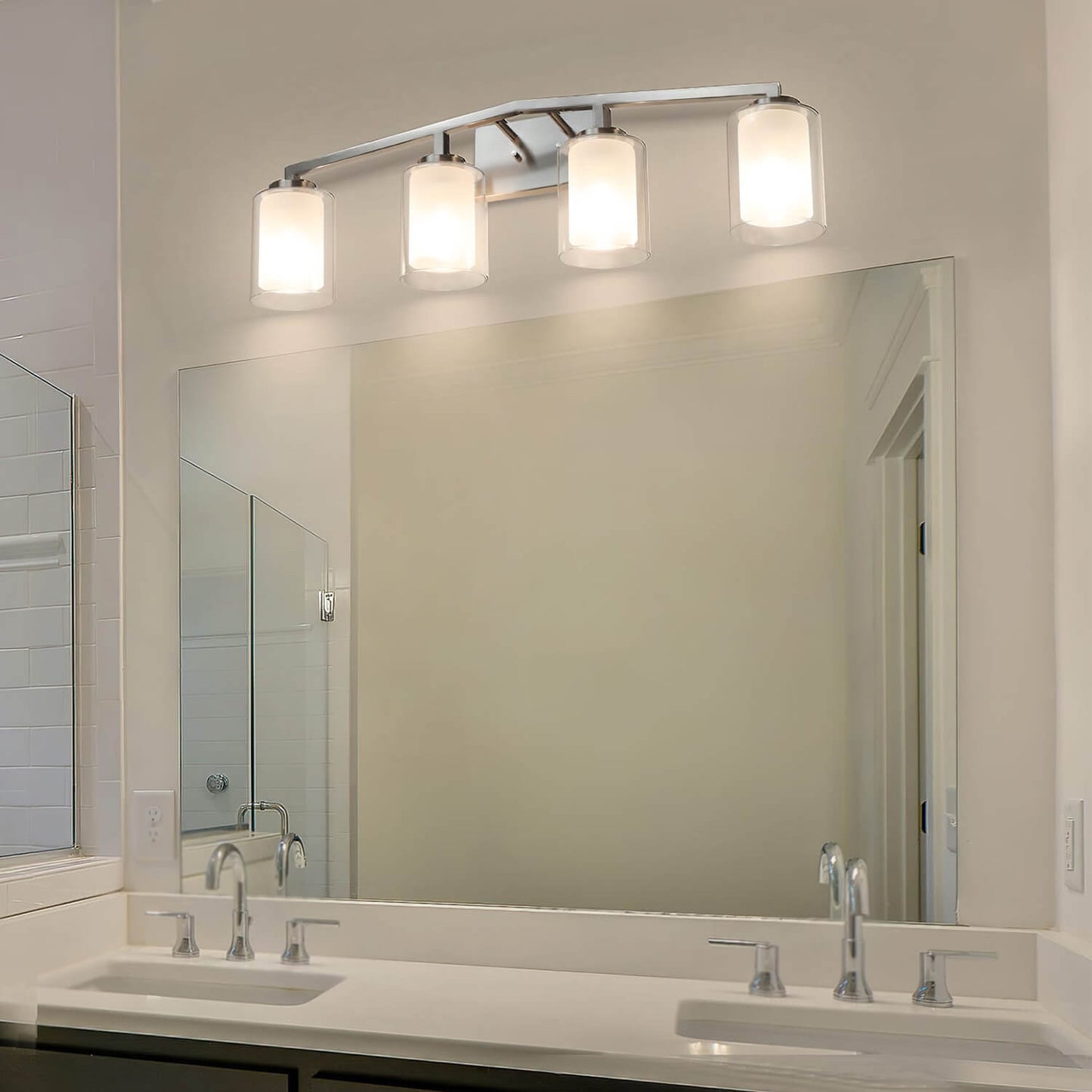Brushed Nickel 4-Light Bathroom Vanity Light with Dual Glass XB-W1294-4-BN