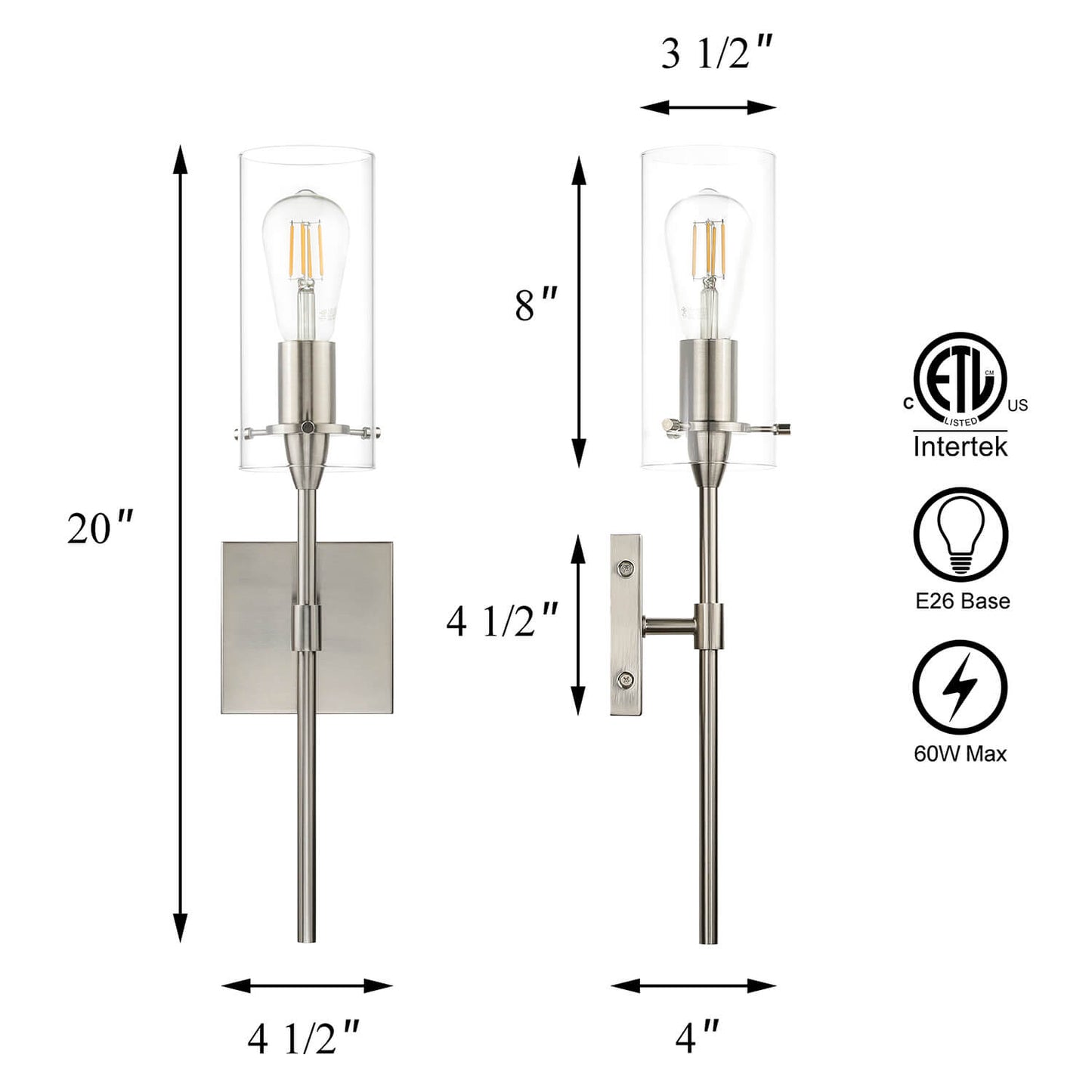 Set of 2 Modern Brushed Nickel Bathroom Sconces with Clear Glass XB-W1301-2BN
