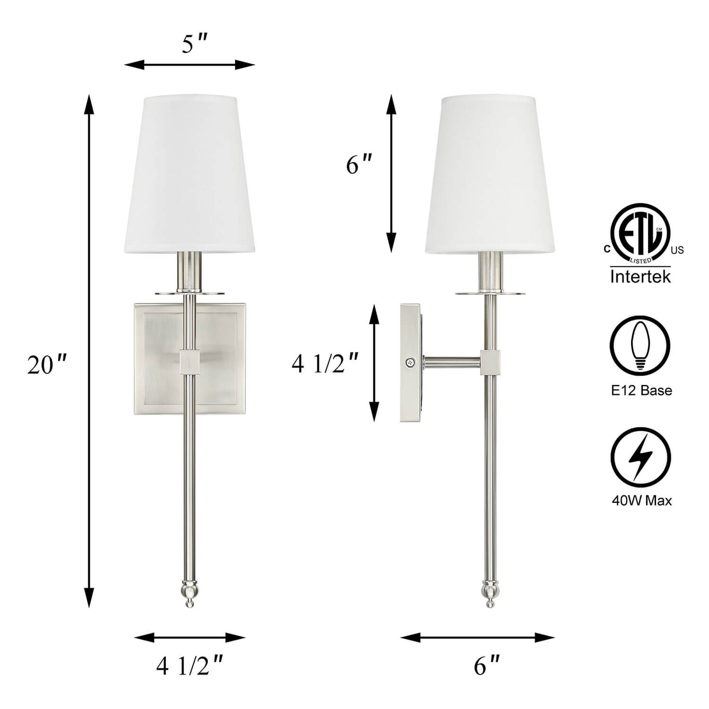 Set of 2 Modern Wall Sconce Light Fixtures, Fabric Shade, Brushed Nickel XB-W1307-BN