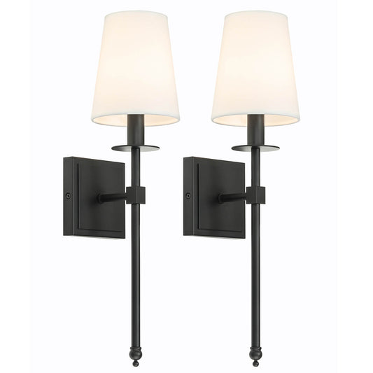 Set of 2 Black Wall Sconces with Flared White Fabric Shades for Bedroom XB-W1307-MB