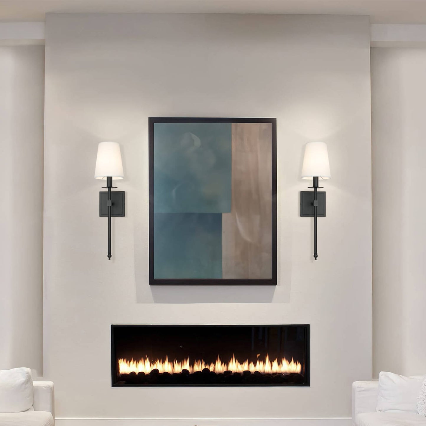 Set of 2 Black Wall Sconces with Flared White Fabric Shades for Bedroom XB-W1307-MB