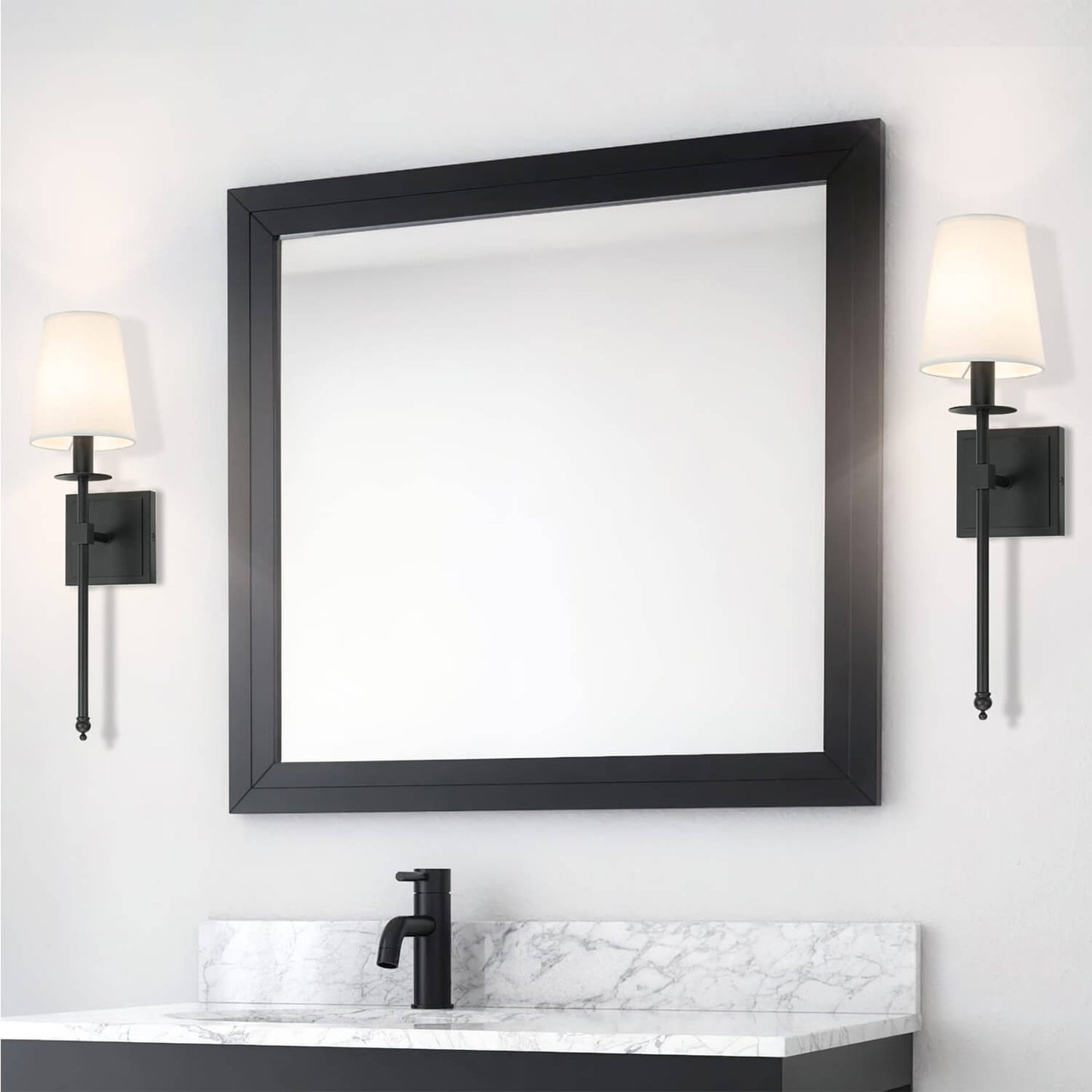 Set of 2 Black Wall Sconces with Flared White Fabric Shades for Bedroom XB-W1307-MB