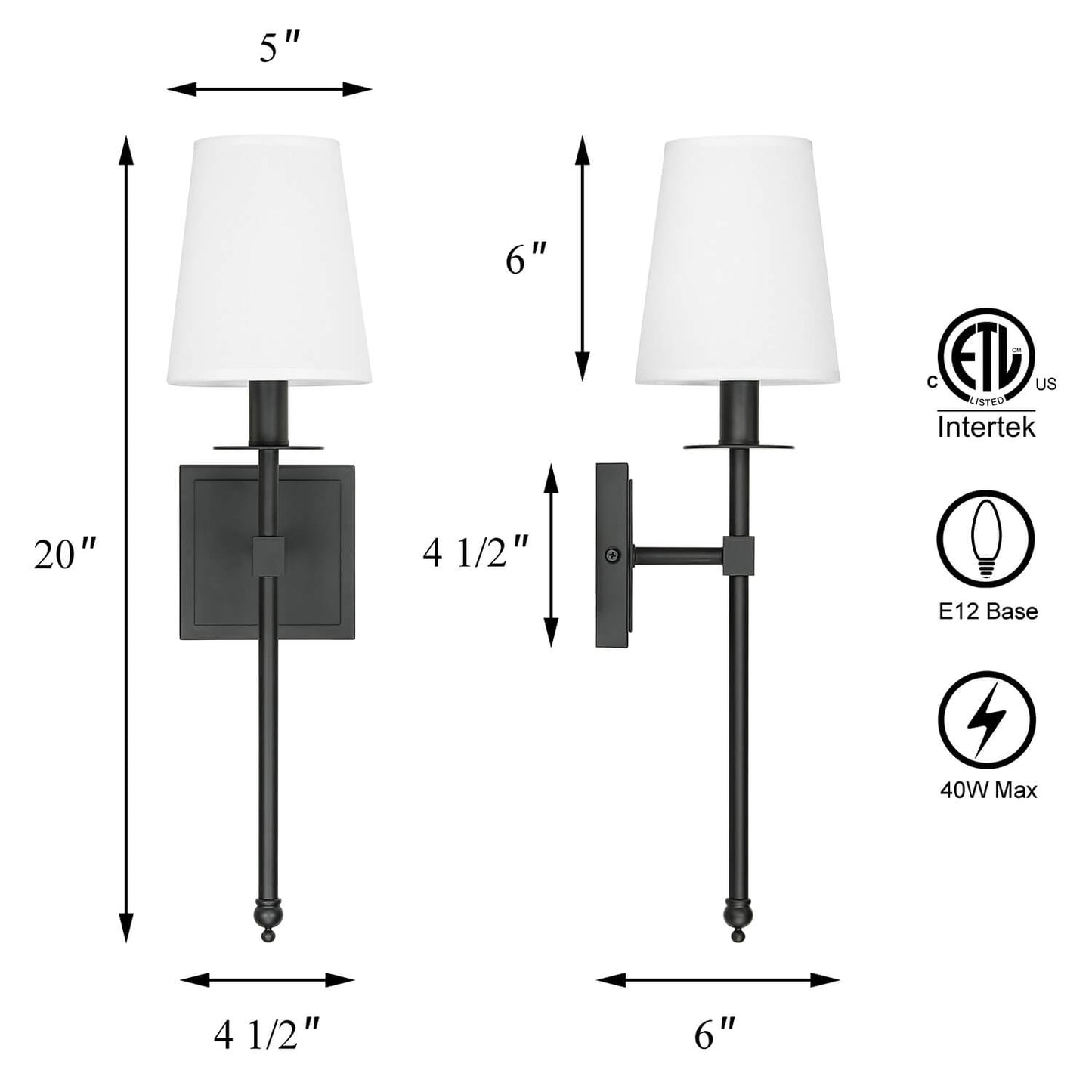 Set of 2 Black Wall Sconces with Flared White Fabric Shades for Bedroom XB-W1307-MB