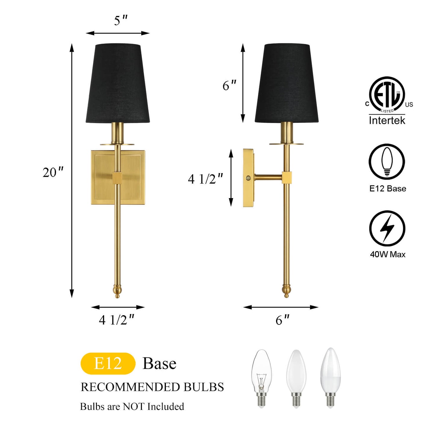 Set of 2 Brushed Brass Wall Sconces with Black Fabric Shade for Bedroom XB-W1307-BS