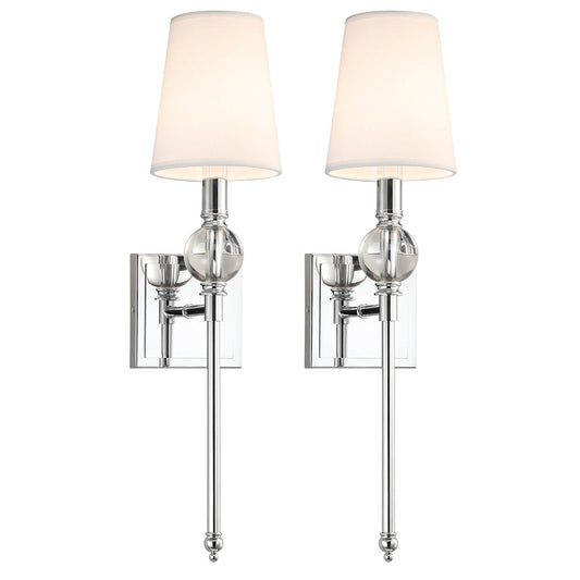 Set of 2 Modern Wall Sconce, Crystal Ball Accent, Fabric Shade, Chrome Finish XB-W1313-CH