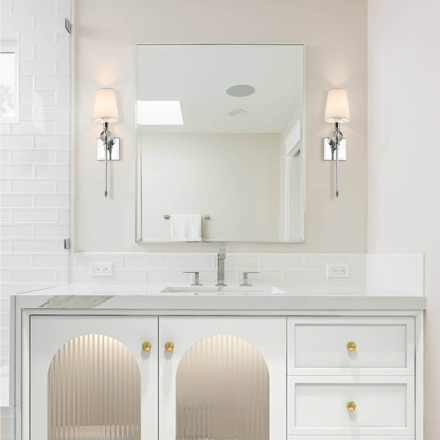 Set of 2 Modern Wall Sconce, Crystal Ball Accent, Fabric Shade, Chrome Finish XB-W1313-CH