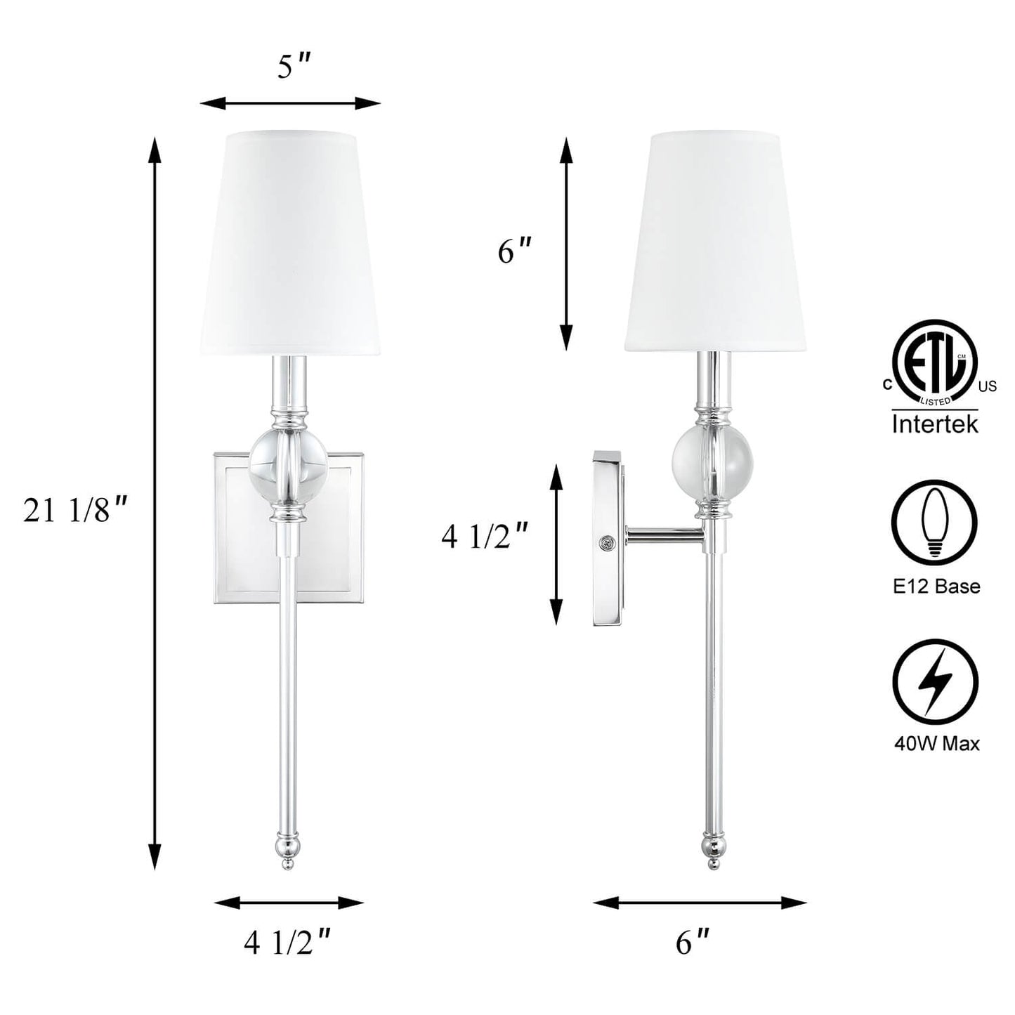 Set of 2 Modern Wall Sconce, Crystal Ball Accent, Fabric Shade, Chrome Finish XB-W1313-CH