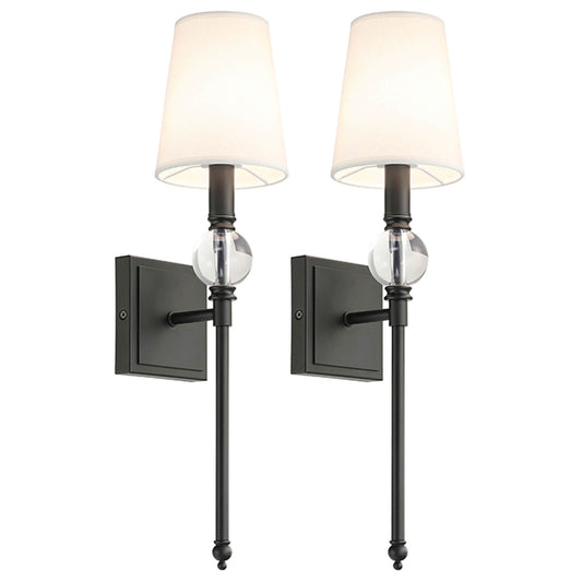 Set of 2 Wall Sconce Light Fixtures, Crystal Globe Accent, Fabric Shade, Matte Black XB-W1313-MB