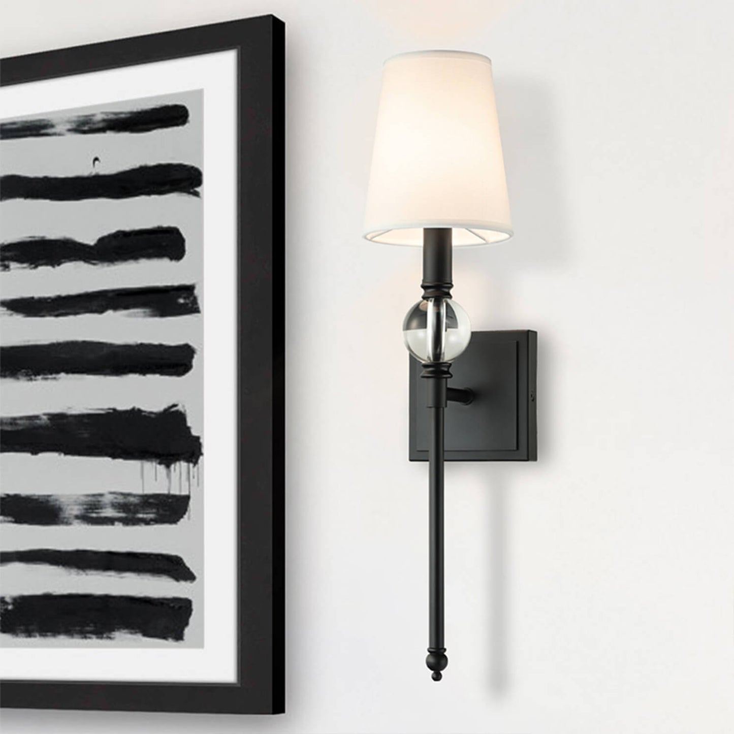 Set of 2 Wall Sconce Light Fixtures, Crystal Globe Accent, Fabric Shade, Matte Black XB-W1313-MB