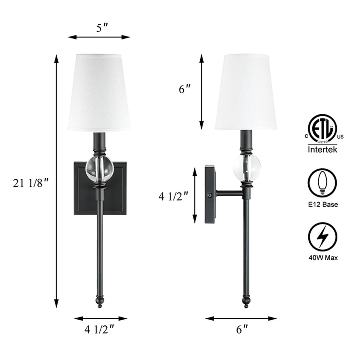 Set of 2 Wall Sconce Light Fixtures, Crystal Globe Accent, Fabric Shade, Matte Black XB-W1313-MB