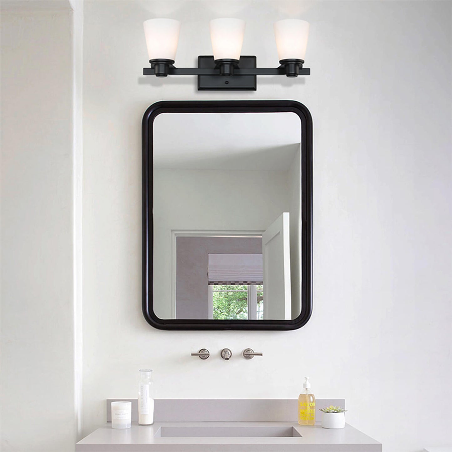 Matte Black Vanity Light with White Glass Shade 3-Light Bathroom Sconce XB-W220-3-MB