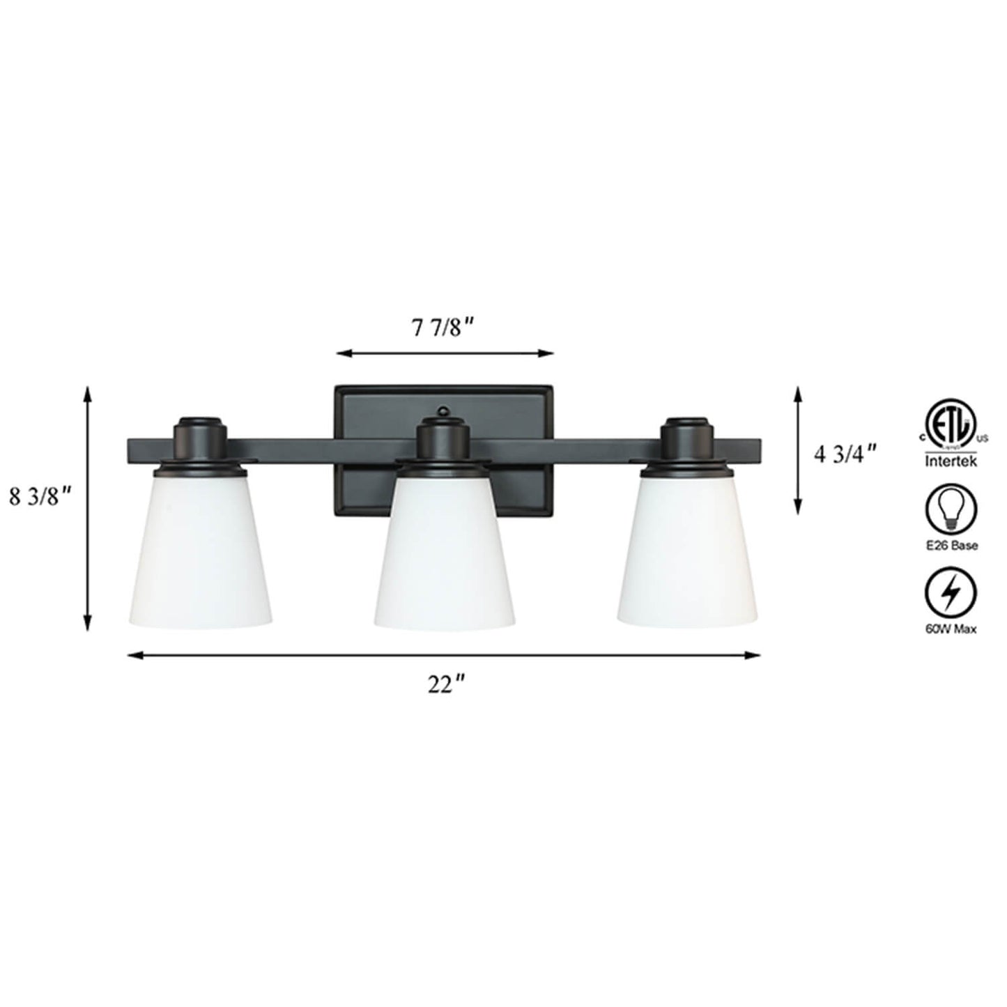 Matte Black Vanity Light with White Glass Shade 3-Light Bathroom Sconce XB-W220-3-MB