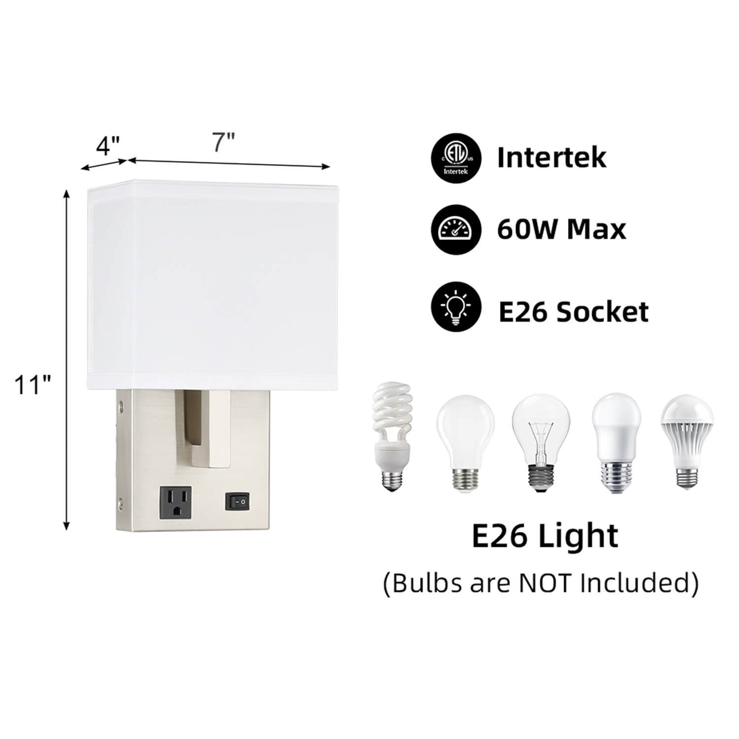 Factory Price Rectangle Fabric Lampshade Bedroom Lamps Bedside Led Reading Wall Sconce Hotel Wall Lamp With Outlet XB-W250-BN