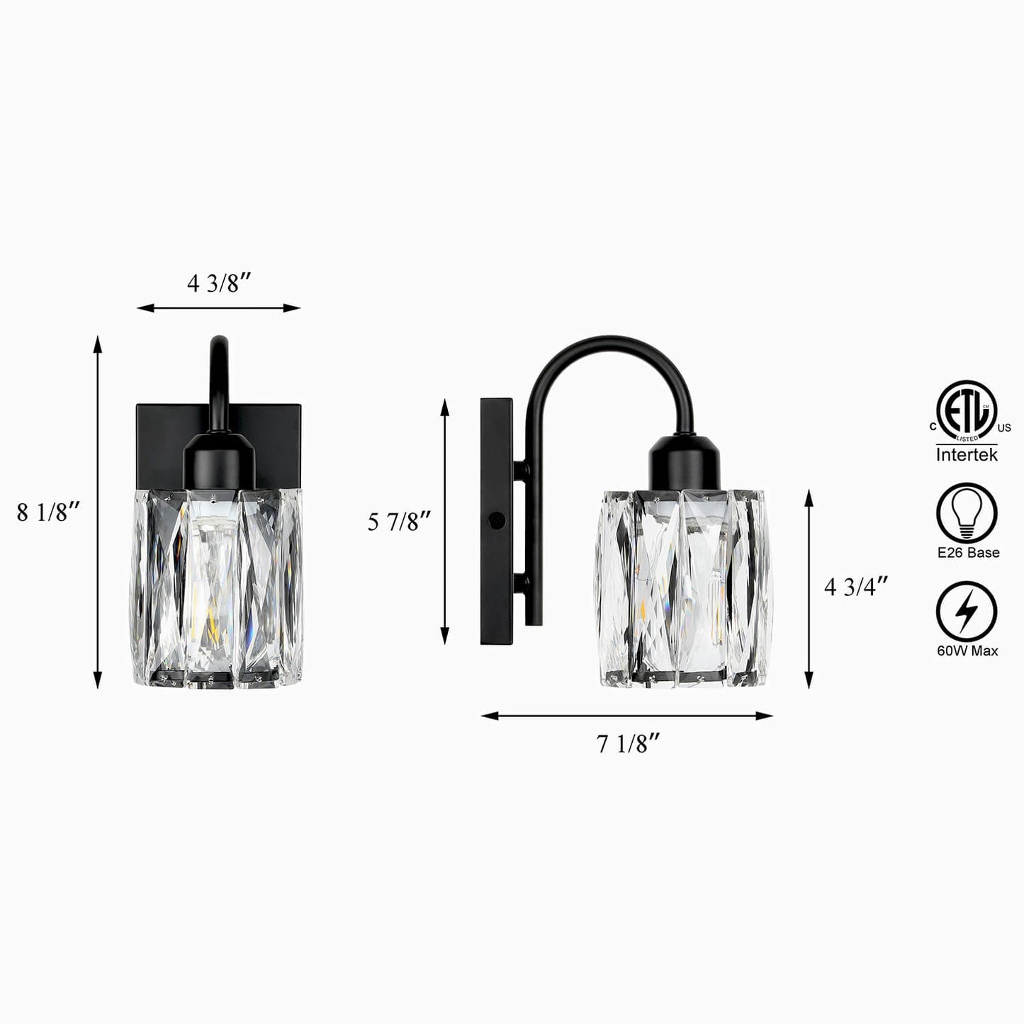Modern Black Wall Sconce with K9 Crystal Shade Single Light Fixture XB-W326-1-MB