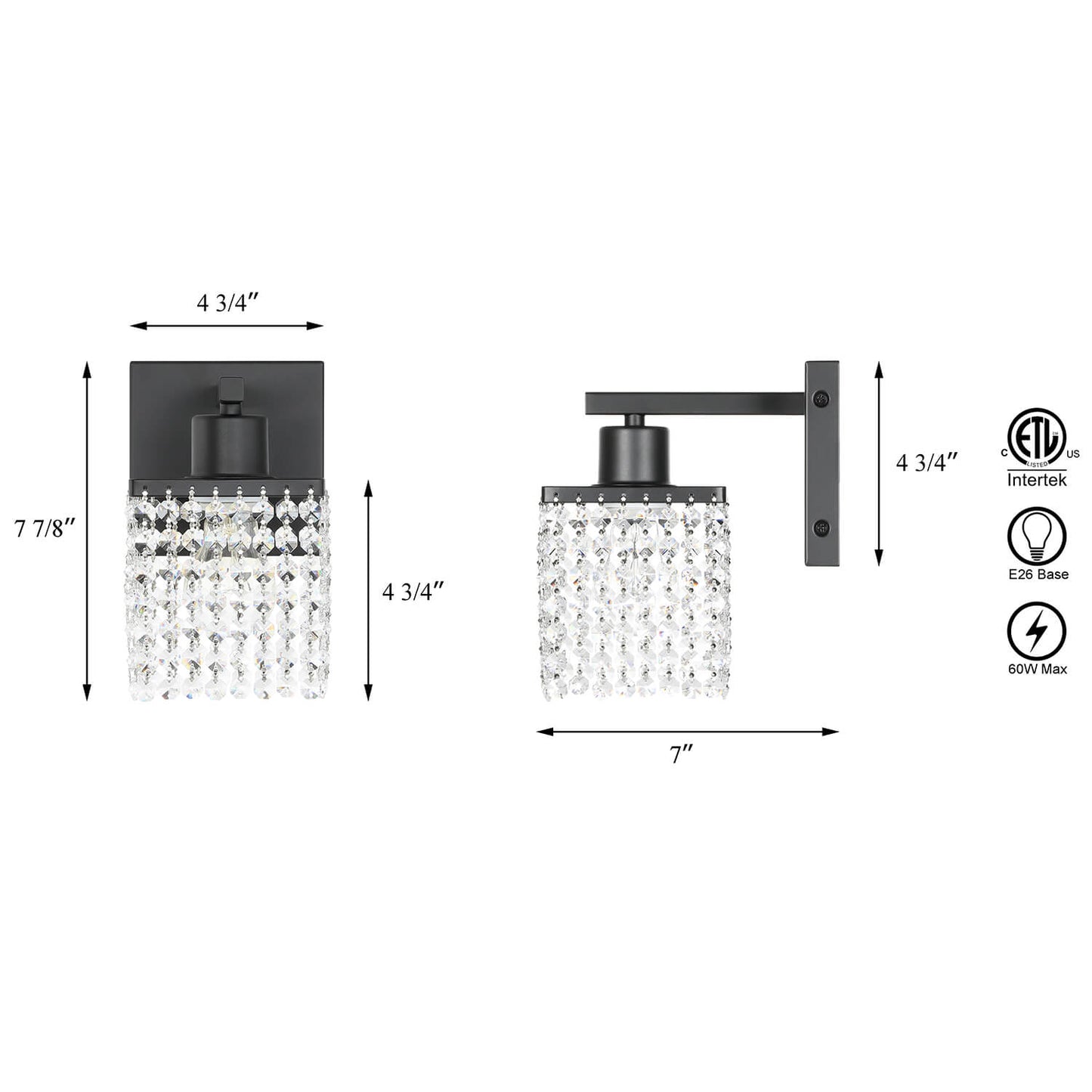 Modern Black Bathroom Sconce with K9 Crystal Strands for Living Room XB-W327-1-MB