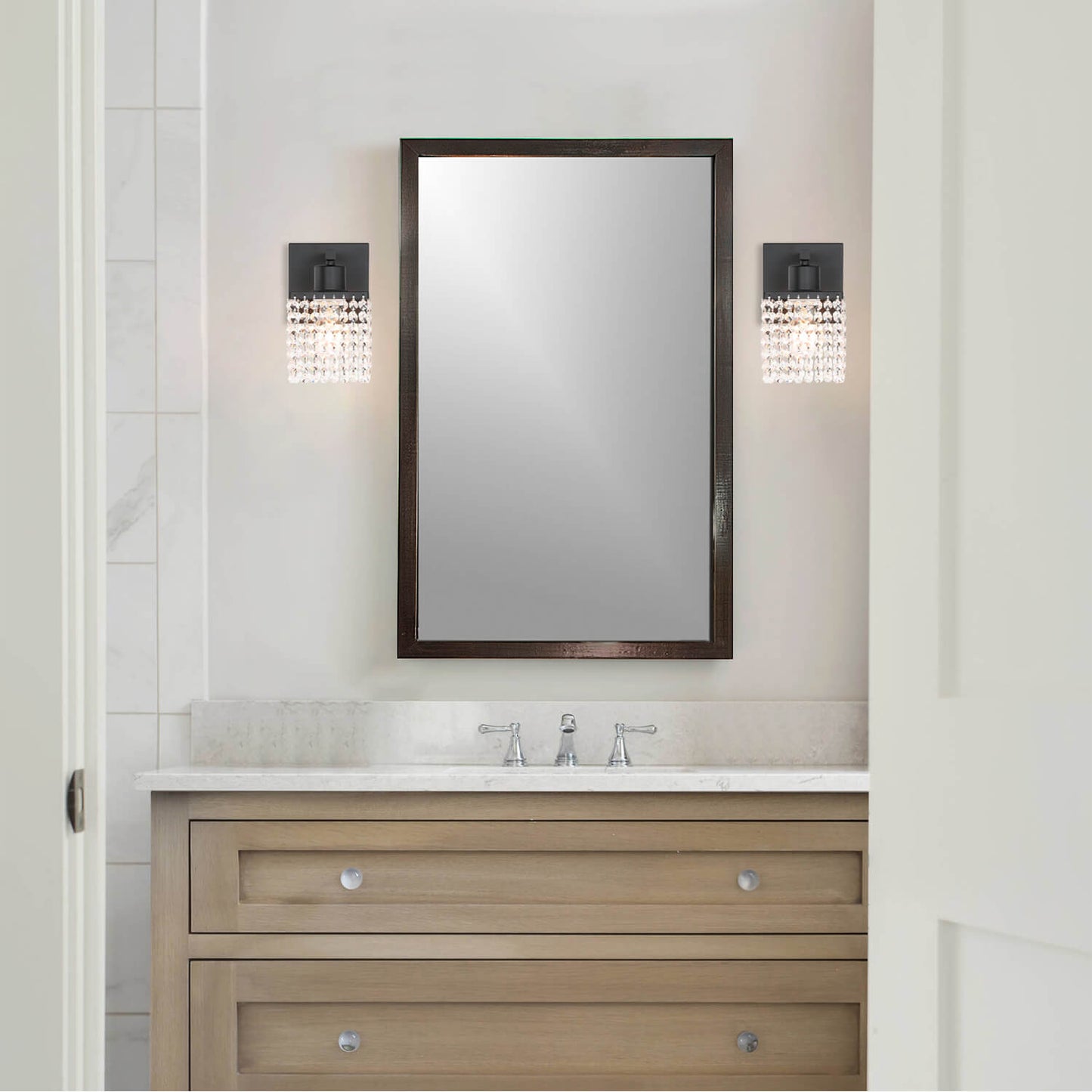 Modern Black Bathroom Sconce with K9 Crystal Strands for Living Room XB-W327-1-MB