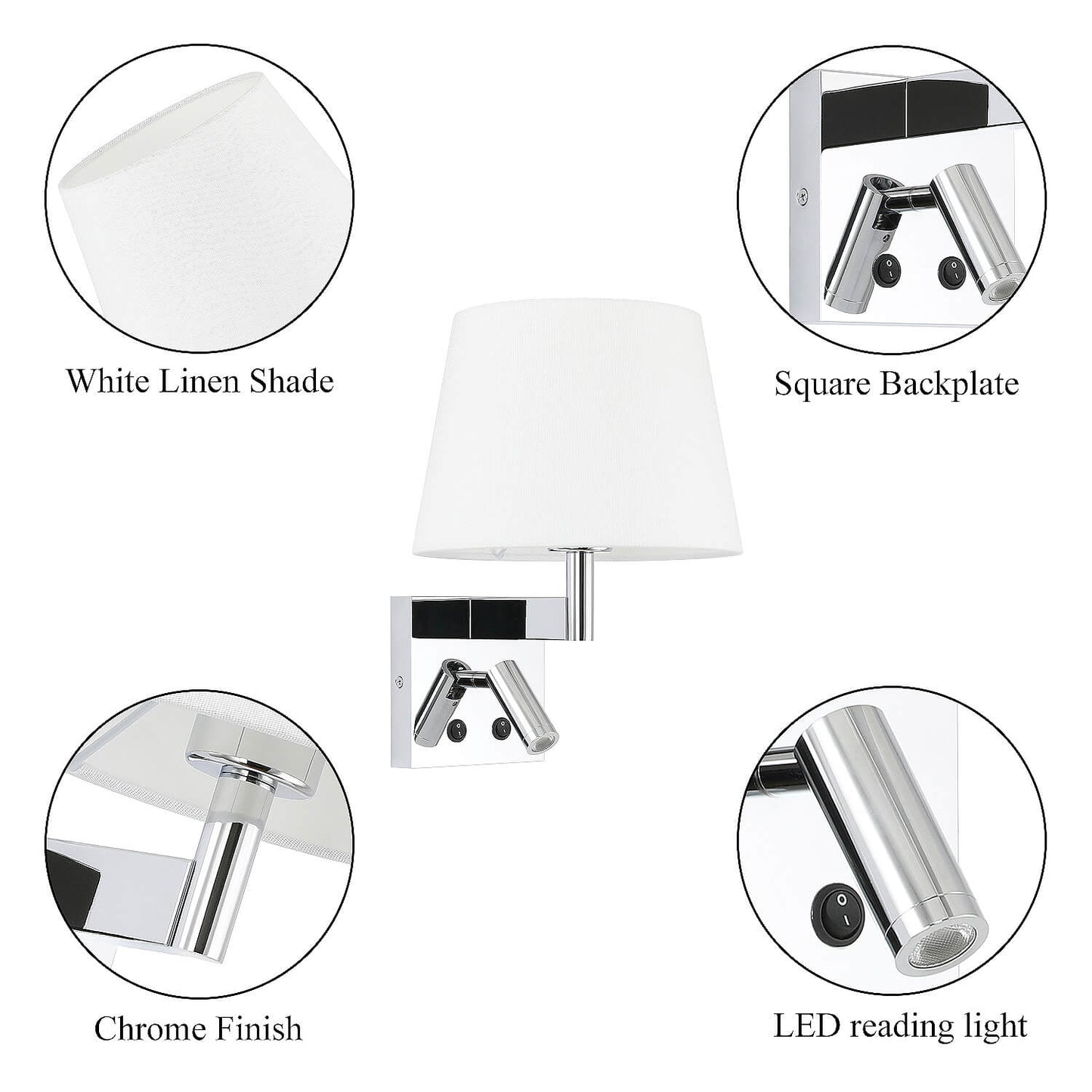 Hardwired Wall Sconce with LED Reading Light, Chrome | Bedroom Wall Lamp XB-W468-LED-CH