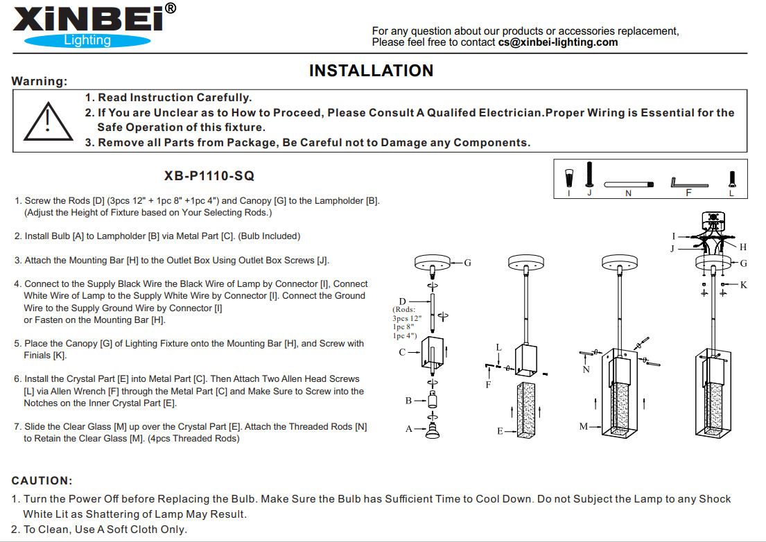 Replacement Parts for Pendant Light XB-P1110-SQ