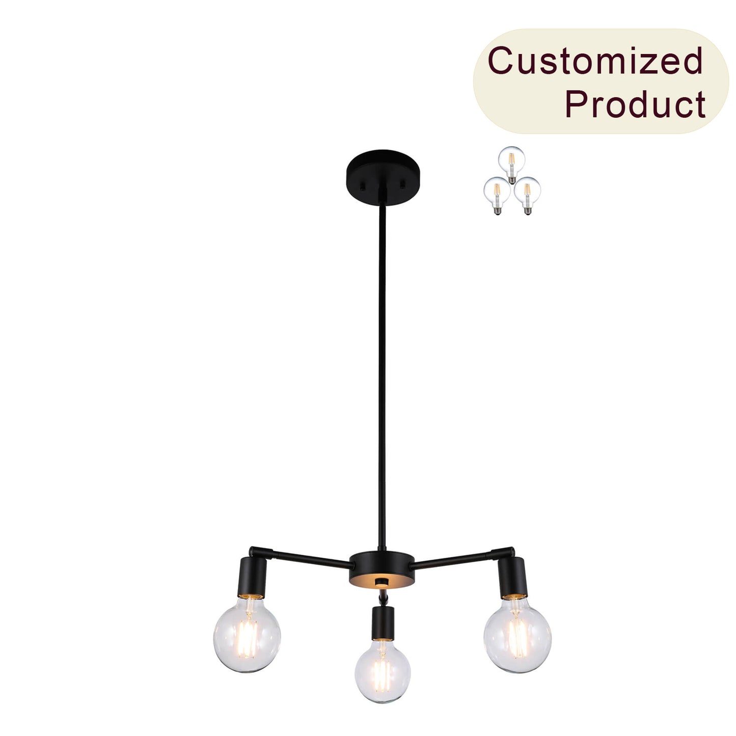 Modern 3-Light Pendant Chandelier, Matte Black with Edison Bulbs, Adjustable Arms XB-C1211-3-MBK