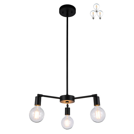 Modern 3-Light Pendant Chandelier, Matte Black with Edison Bulbs, Adjustable Arms XB-C1211-3-MBK