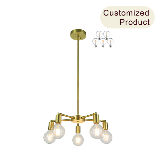 Sputnik Chandelier, 5-Light Brass Pendant with LED Bulbs, Kitchen Dining Room Light XB-C1211-5-SB