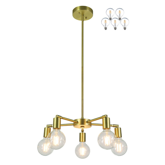 Sputnik Chandelier, 5-Light Brass Pendant with LED Bulbs, Kitchen Dining Room Light XB-C1211-5-SB