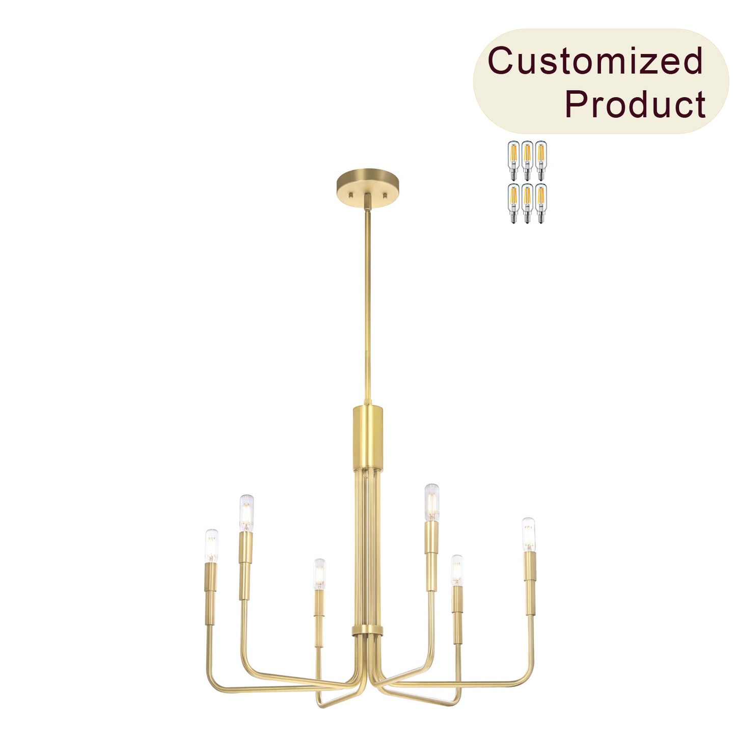 6-Light Chandelier, Brass Pendant Light with LED Bulbs, Living Dining Room Lighting XB-C1213-6-SB