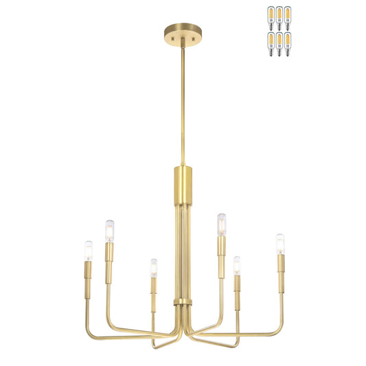 6-Light Chandelier, Brass Pendant Light with LED Bulbs, Living Dining Room Lighting XB-C1213-6-SB