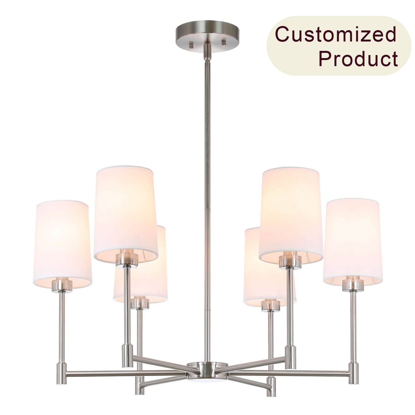 6-Light Chandelier, Fabric Shade, Brushed Nickel, Living Dining Room Pendant Light XB-C1215-6-BN