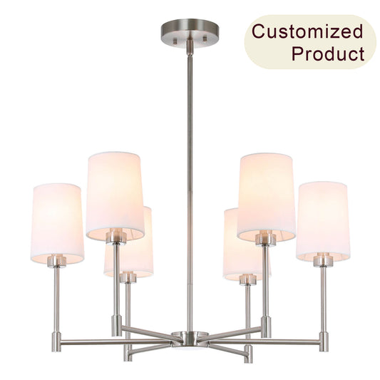 6-Light Chandelier, Fabric Shade, Brushed Nickel, Living Dining Room Pendant Light XB-C1215-6-BN