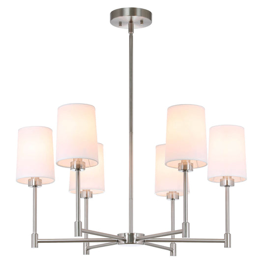 6-Light Chandelier, Fabric Shade, Brushed Nickel, Living Dining Room Pendant Light XB-C1215-6-BN