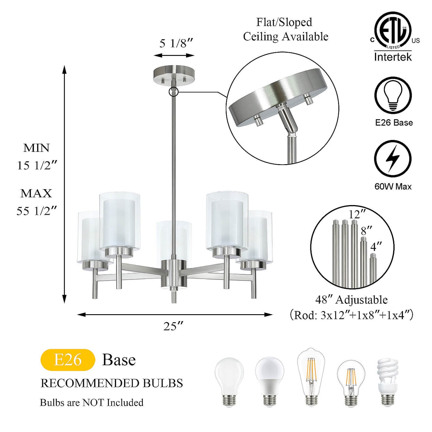 Modern 5 Light Glass Pendant Chandelier - Brushed Nickel XB-C1276-5-BN