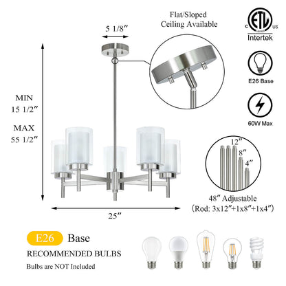 Modern 5 Light Glass Pendant Chandelier - Brushed Nickel XB-C1276-5-BN
