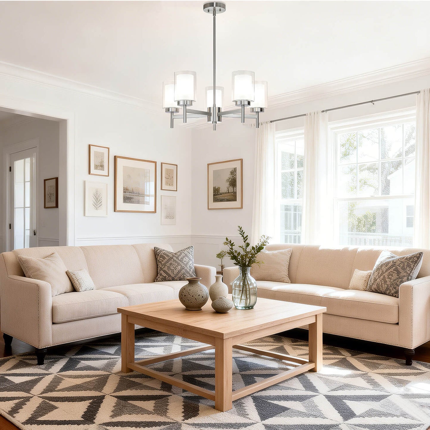 Modern 5 Light Glass Pendant Chandelier - Brushed Nickel XB-C1276-5-BN