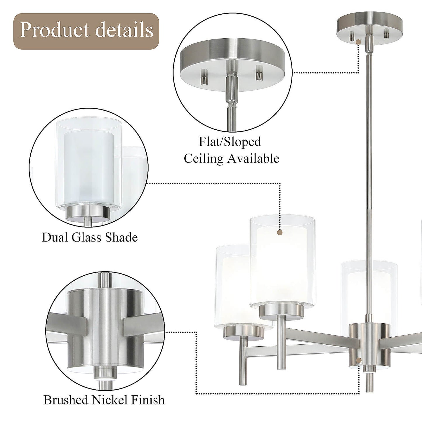 Modern 5 Light Glass Pendant Chandelier - Brushed Nickel XB-C1276-5-BN