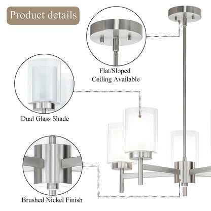Modern 5 Light Glass Pendant Chandelier - Brushed Nickel XB-C1276-5-BN