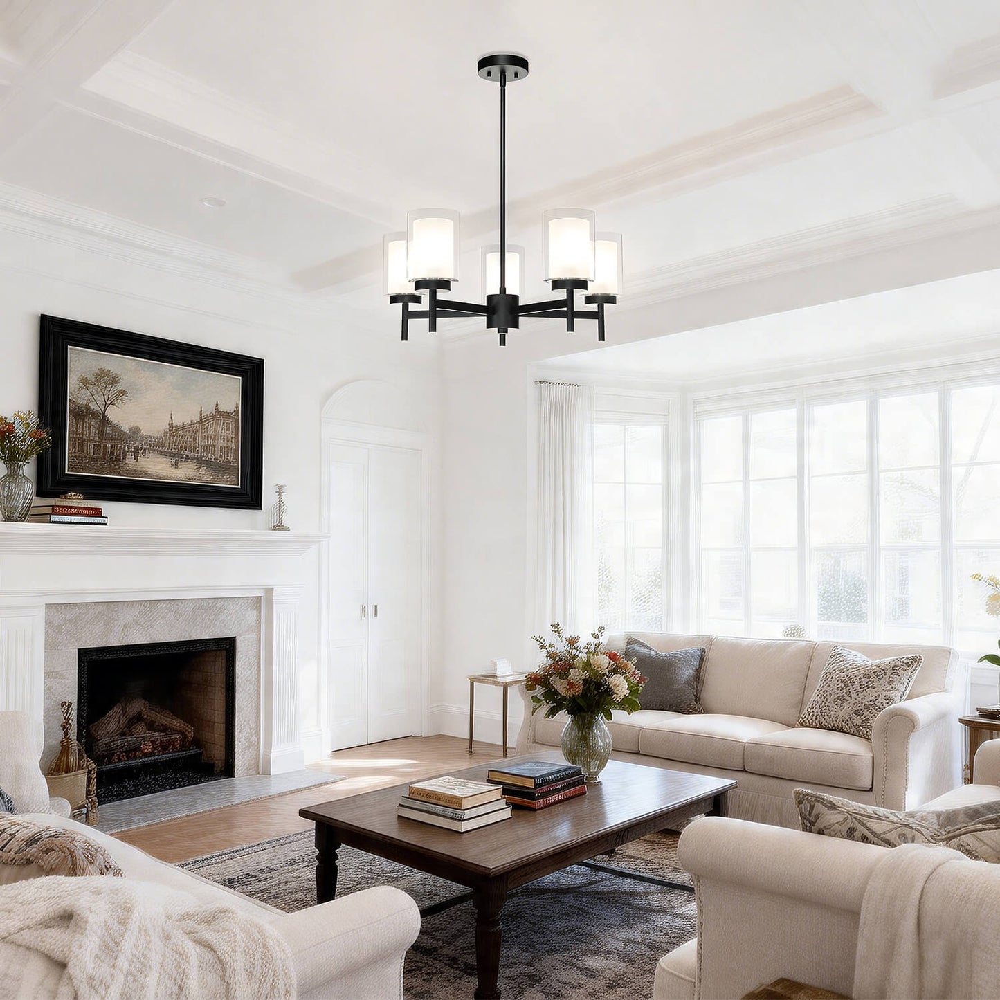5-Light Black Adjustable Chandelier with Glass for Dining Room XB-C1276-5-MB