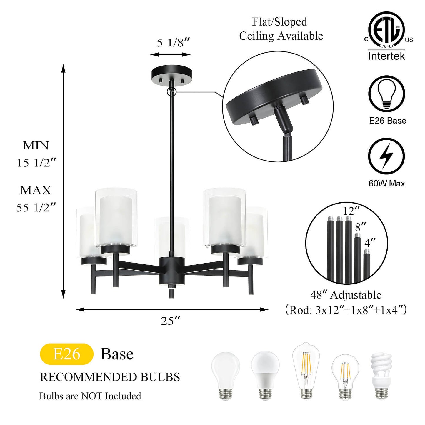 5-Light Black Adjustable Chandelier with Glass for Dining Room XB-C1276-5-MB