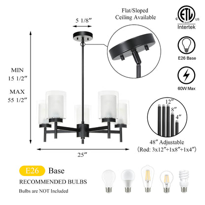 5-Light Black Adjustable Chandelier with Glass for Dining Room XB-C1276-5-MB