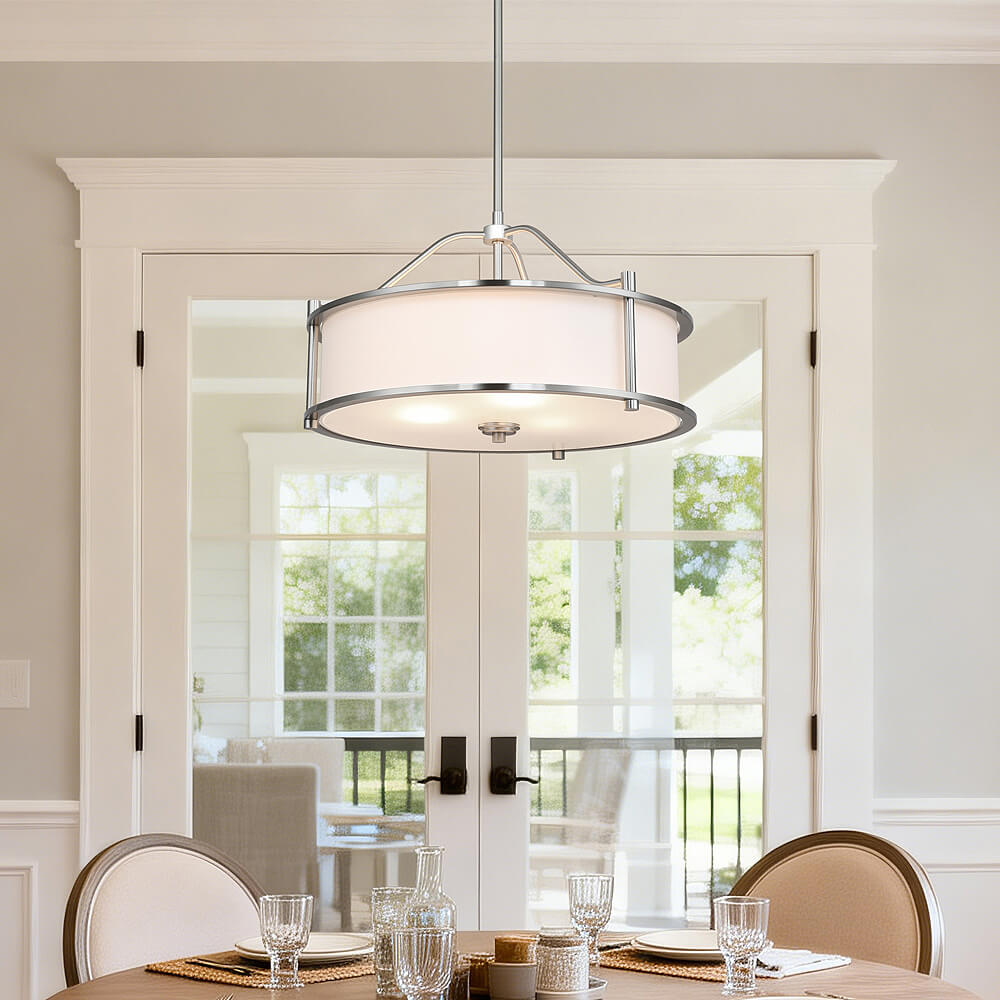 Drum Pendant Light, 18 inch, 3 Light with Fabric Shade, Glass Diffuser, Brushed Nickel XB-P1199-BN
