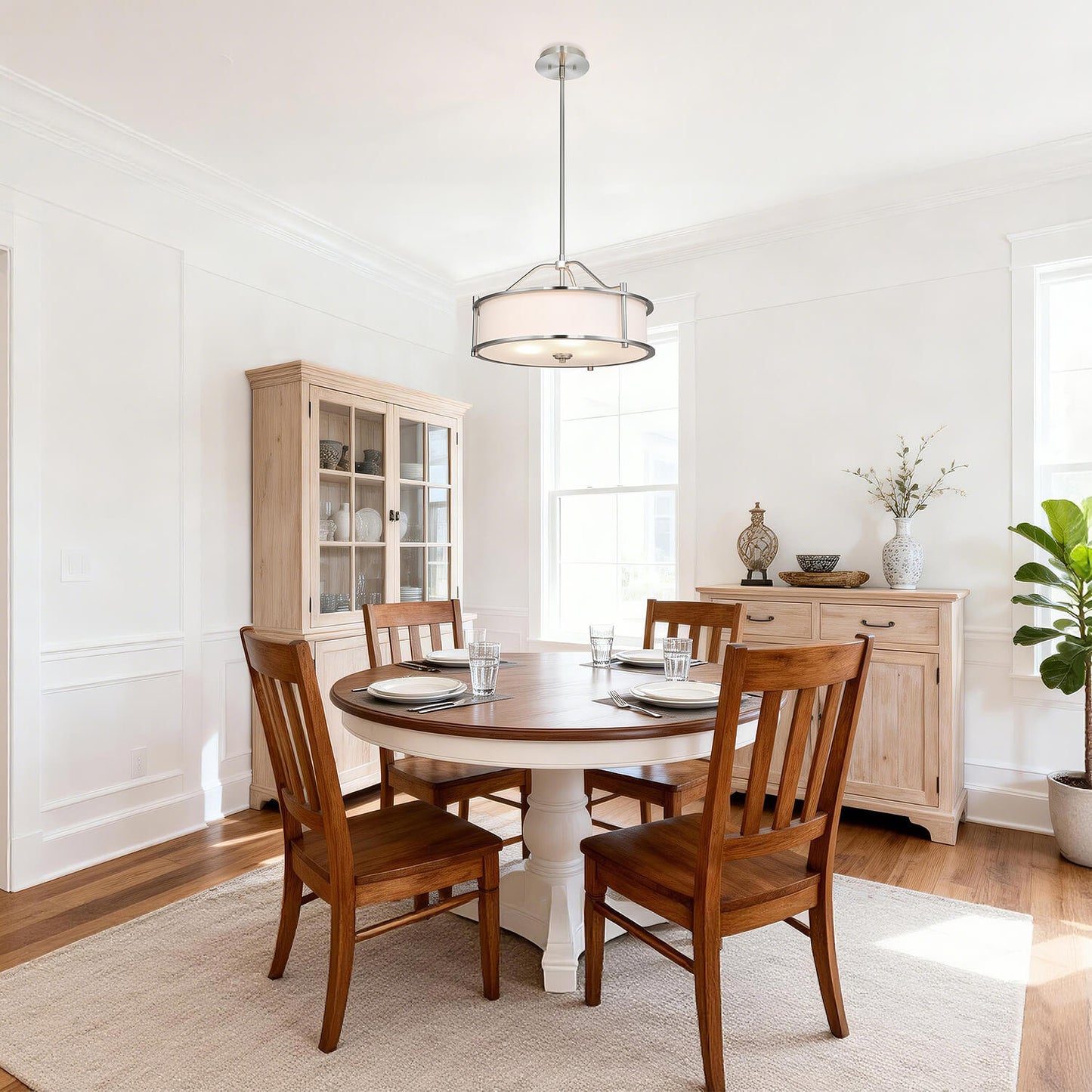 Drum Pendant Light, 18 inch, 3 Light with Fabric Shade, Glass Diffuser, Brushed Nickel XB-P1199-BN